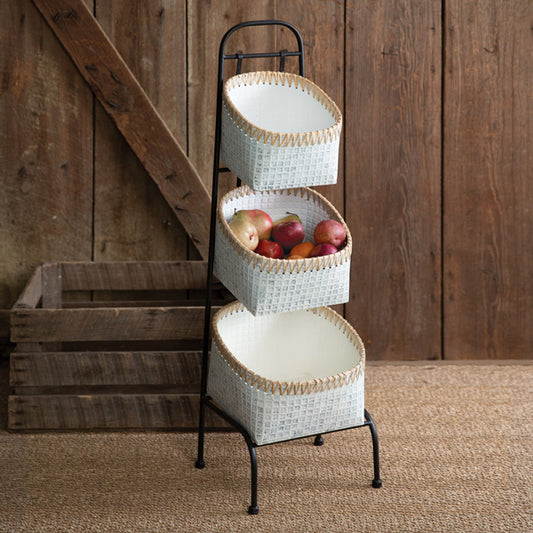 Whitewash Metal And Cane Three-Tier Bin