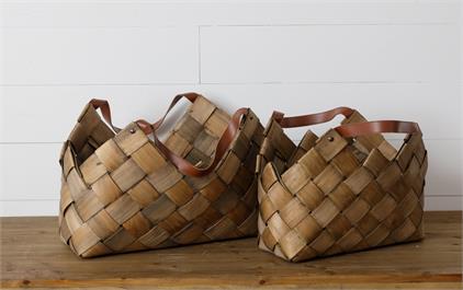 Basket - Chipwood With Leather Handle