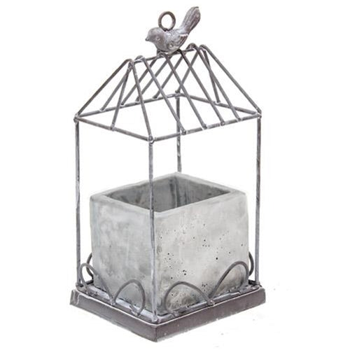 Graywash Metal Birdcage With Cement Planter