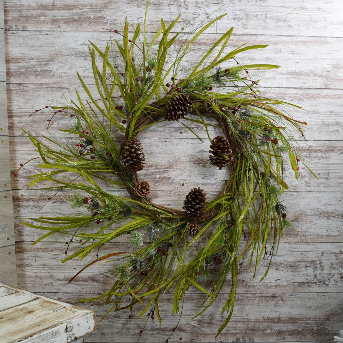 Winter Snow Grass and Pine Wreath