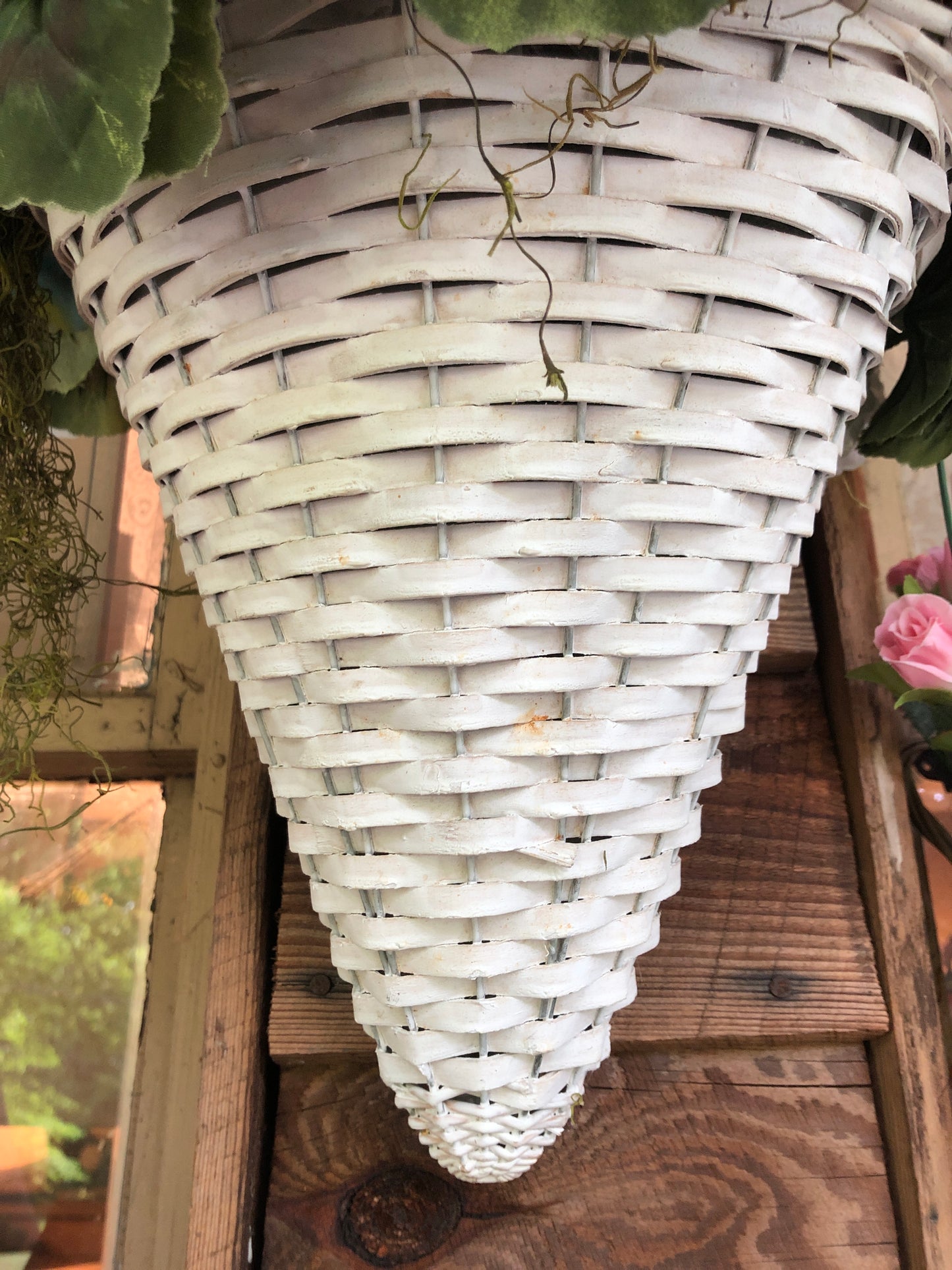 White hanging hydrangea basket