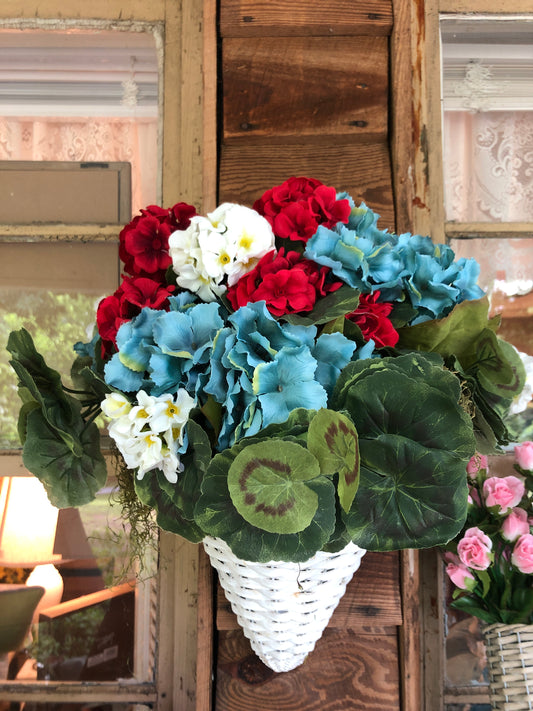 White hanging hydrangea basket